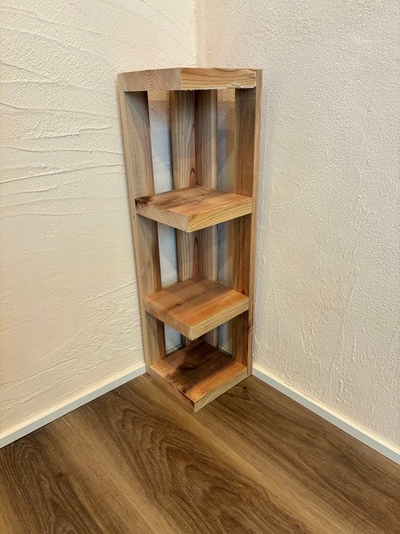 杉 無垢材 コーナーラック 3段 奥行約165mm 無塗装 ハンドメイド　飾り棚