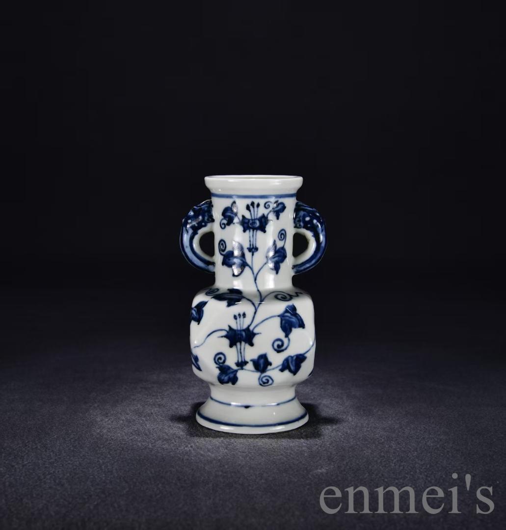 中国古美術・大明宣徳紋・青花花紋両耳瓶・花瓶・唐物・陶磁器・青花磁・朝顔紋・賞物