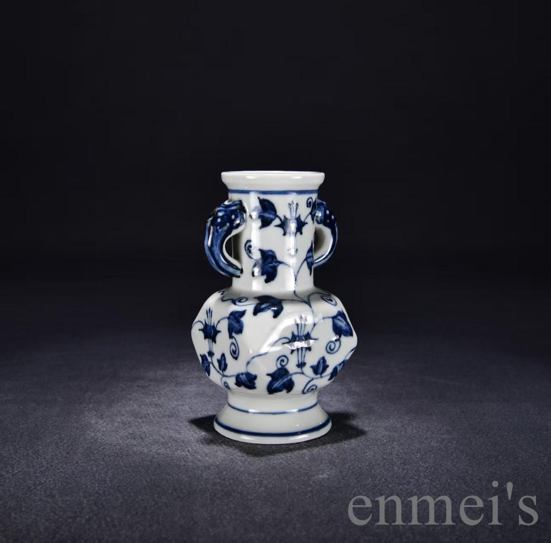 中国古美術・大明宣徳紋・青花花紋両耳瓶・花瓶・唐物・陶磁器・青花磁・朝顔紋・賞物