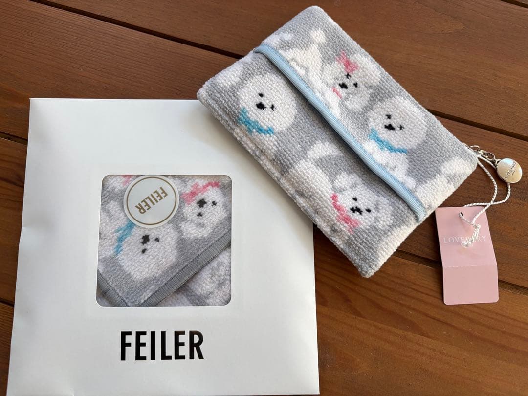 FEILER モフモフワンちゃんティッシュポーチ グレー&ハンカチ