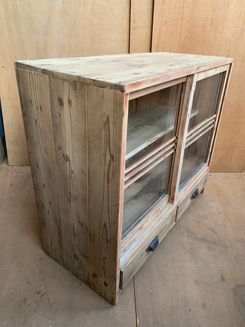 古い木全面ガラス収納陳列棚戸　引き出し2杯　店舗什器古家具