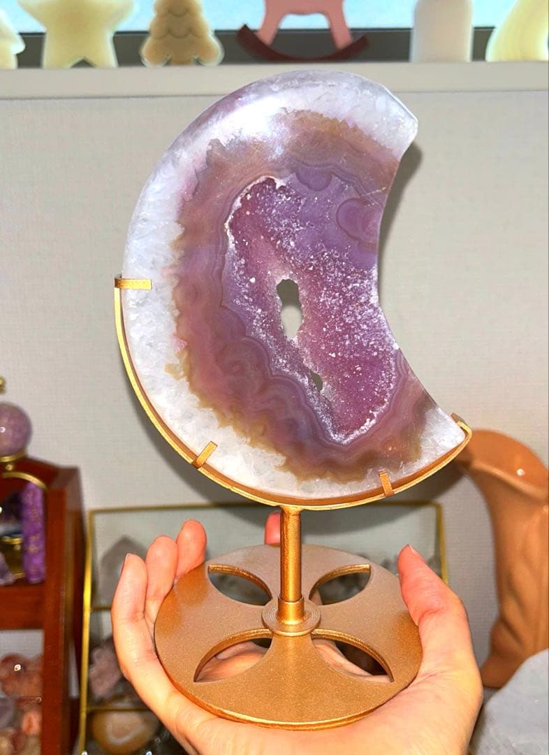 bigサイズ 瑪瑙 アゲート 月 専用台座付き 288g