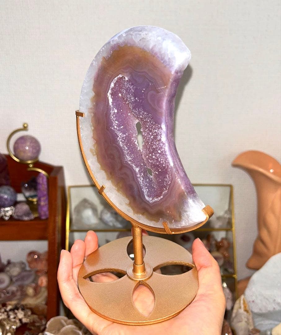 bigサイズ 瑪瑙 アゲート 月 専用台座付き 288g