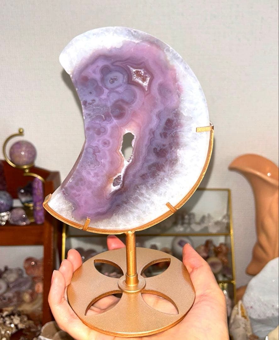 bigサイズ 瑪瑙 アゲート 月 専用台座付き 288g