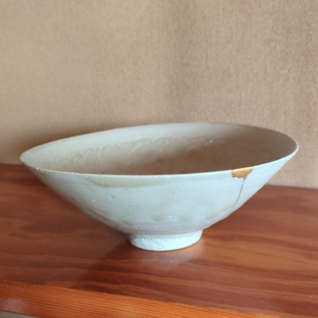 波模様の陶器鉢　木箱入り　金継ぎ　骨董品　古美術