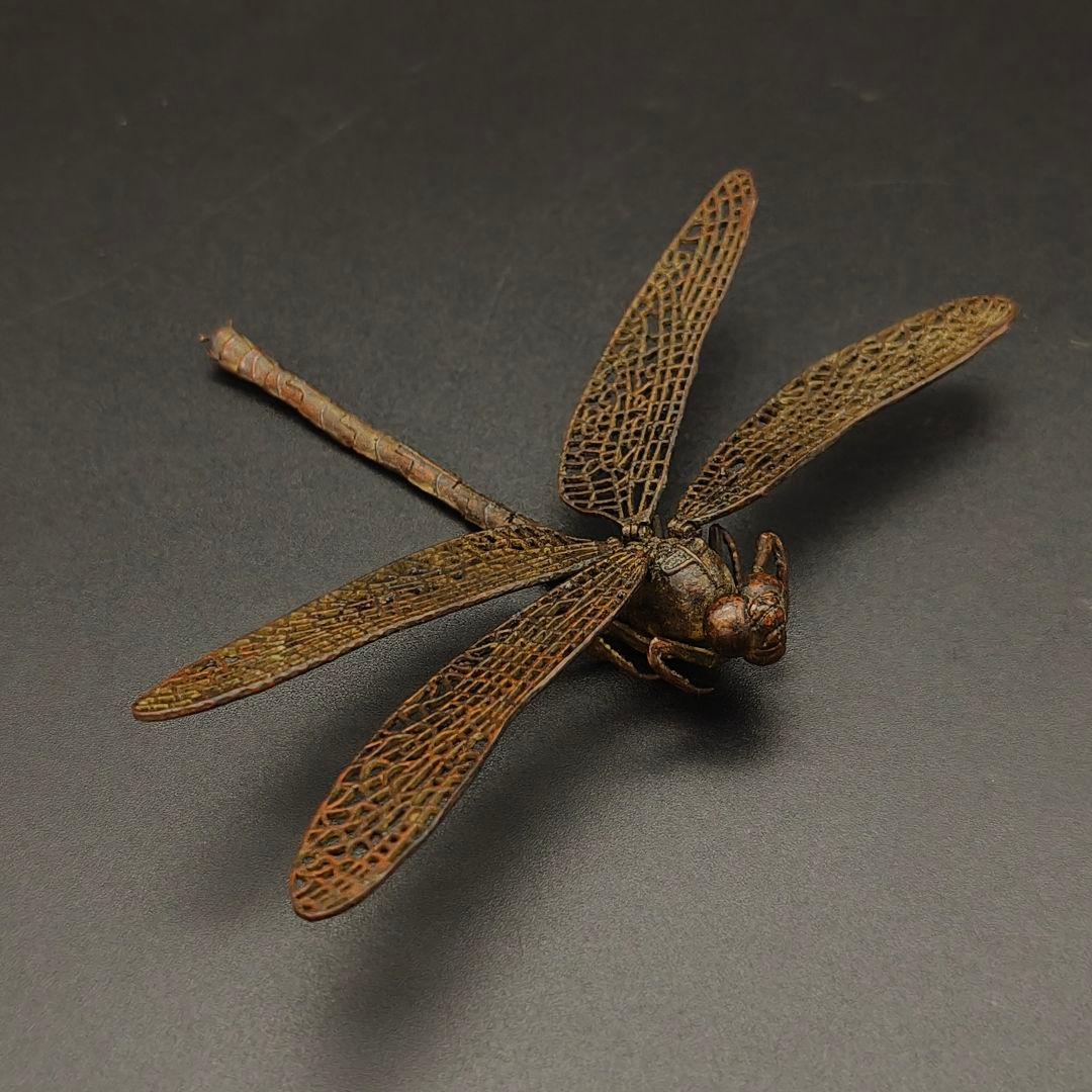 2品　銅製置物　蜻蛉　トンボ　勝虫　雨宮宗作　関節可動　金工品　茶道具
