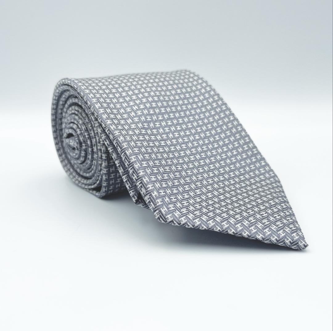 【HERMES（エルメス）】美品 ネクタイ H柄 シルク グレー シルバー