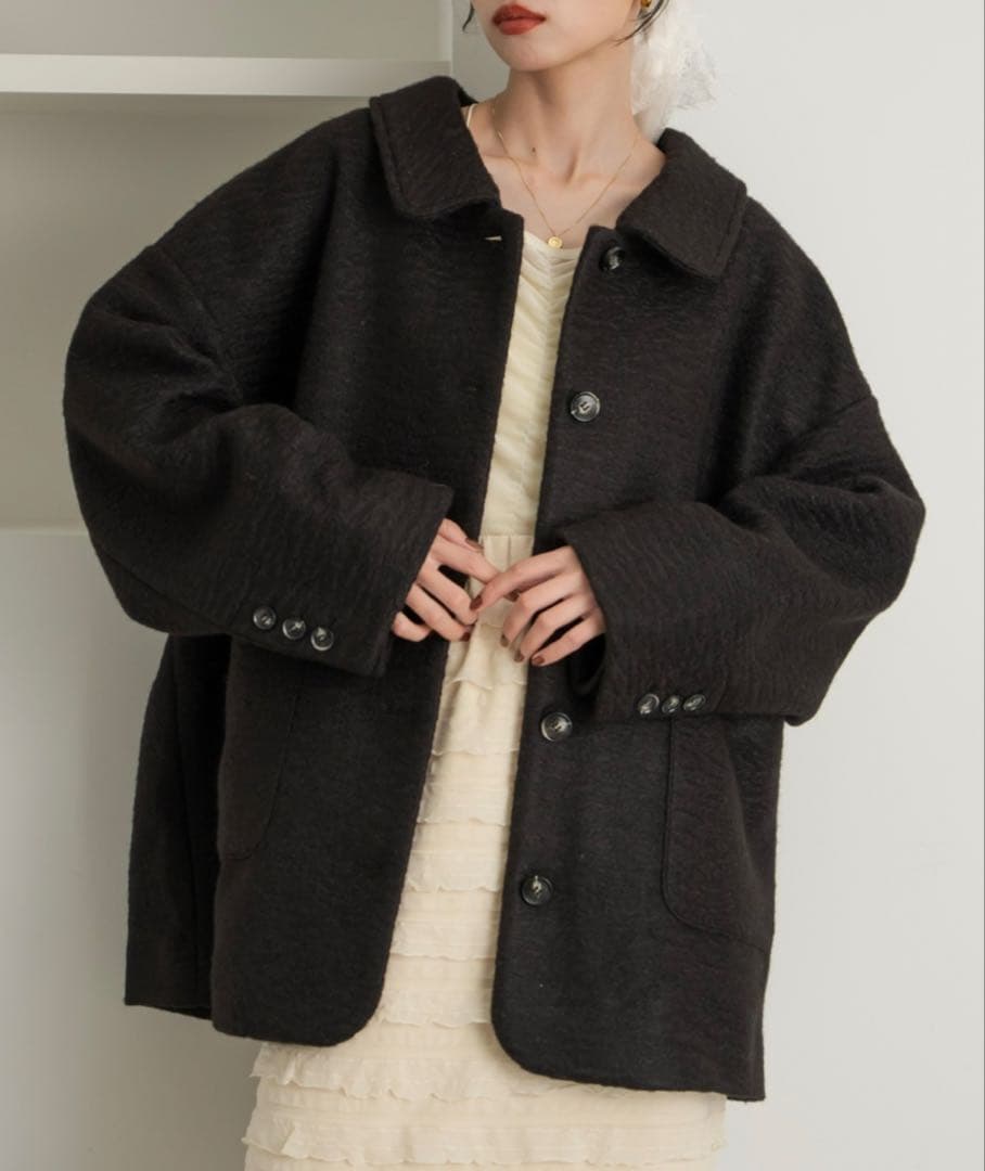 hinari ステンカラーシャギーミドルコート ブラック