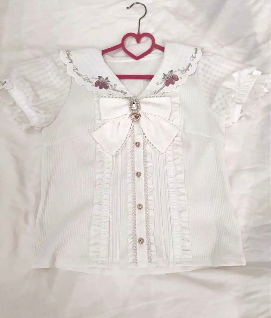 LIZLISA ストロベリー刺繍セーラーリブブラウス ホワイト