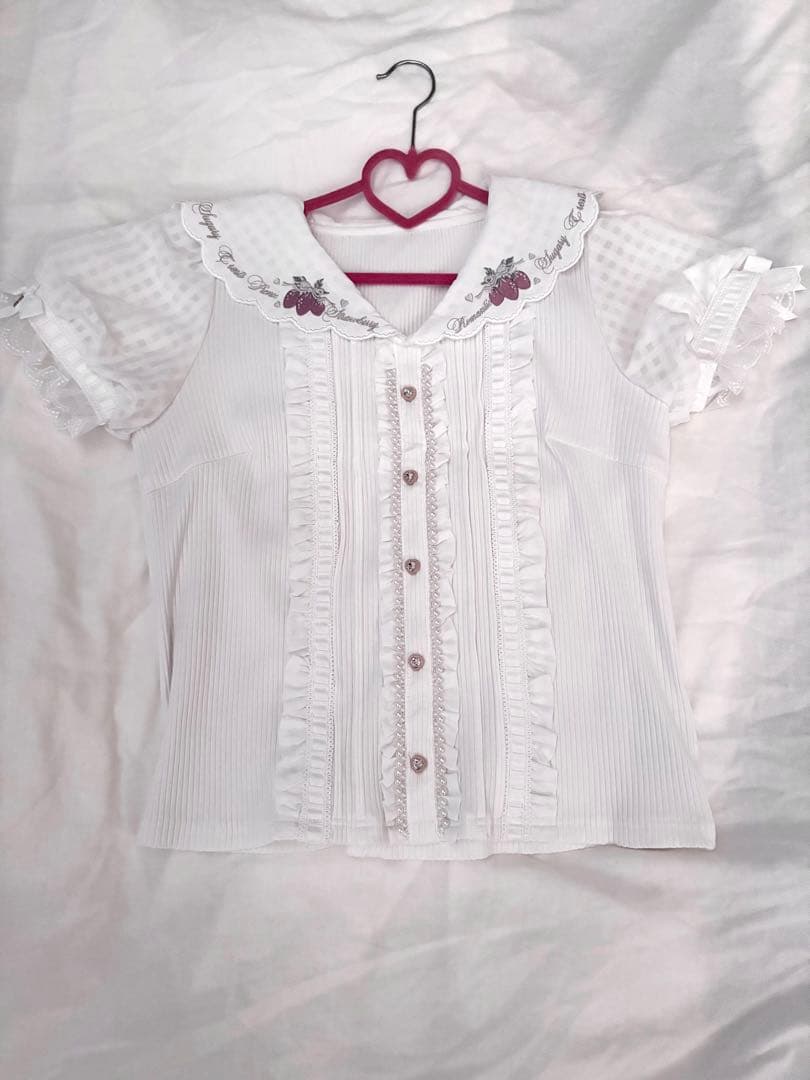 LIZLISA ストロベリー刺繍セーラーリブブラウス ホワイト