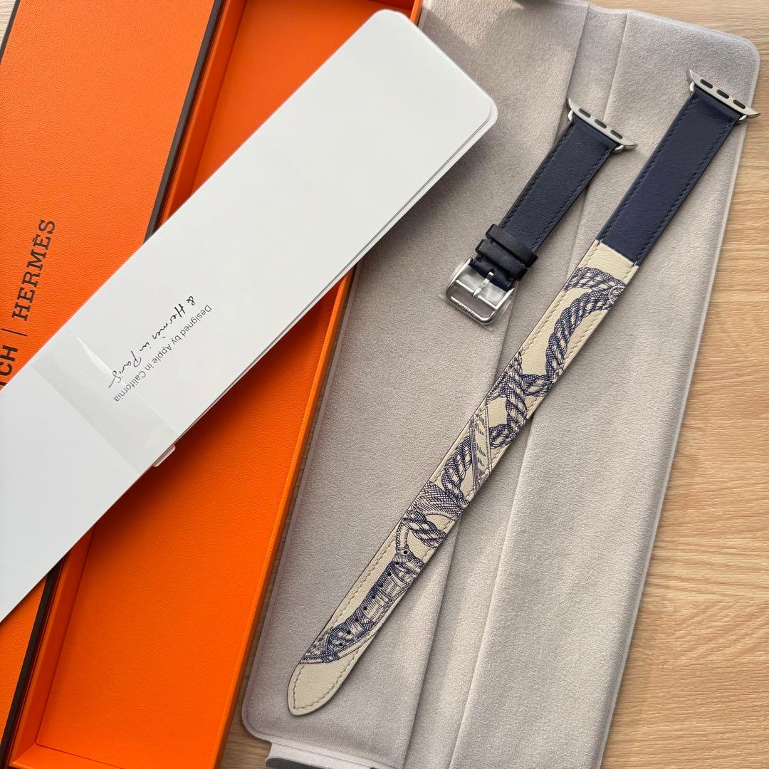 2111 Apple Watch エルメス　ブルー　ロープ柄　二重　HERMES