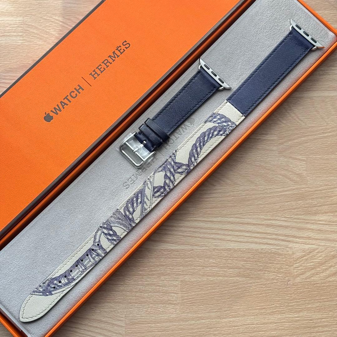 2111 Apple Watch エルメス　ブルー　ロープ柄　二重　HERMES