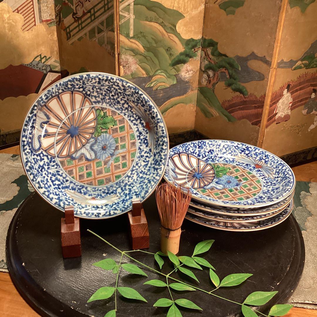 A904大聖寺伊万里　染錦手　『渦福』金縁　萩唐草　菊花紋様　　7寸皿　5枚