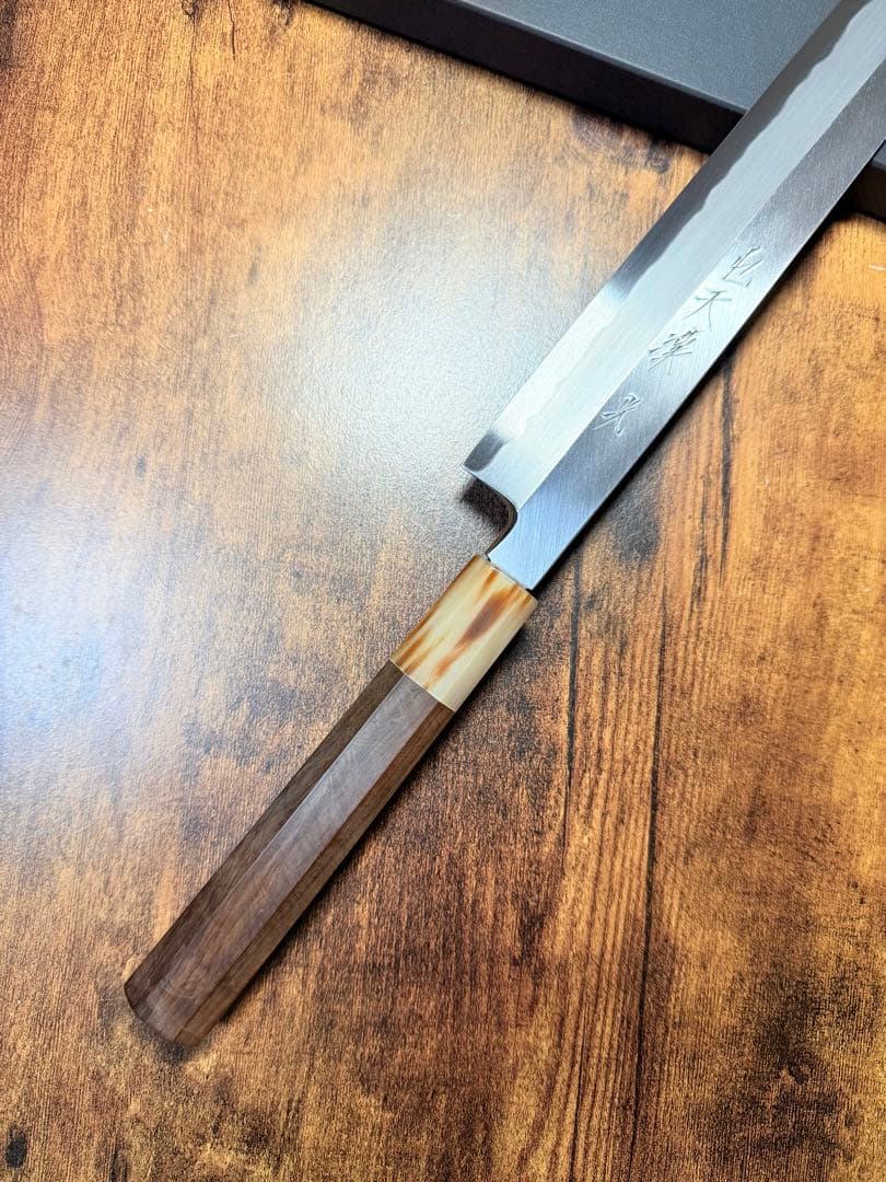 森本光一作　左用　刺身 柳刃　青鋼 紋鍛錬 尺　紫檀白水牛八角柄