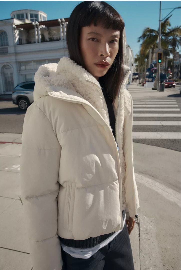 【ZARA】フェイクシープスキンフード付き撥水ウィンドブレーカー アノラック M