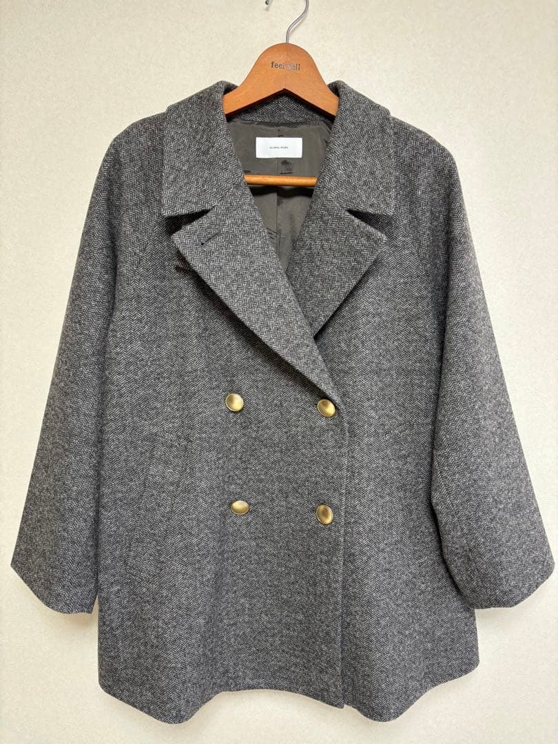 グローバルワーク　軽やかストレッチ襟2WAYミドルコート　グレーミニヘリンボーン