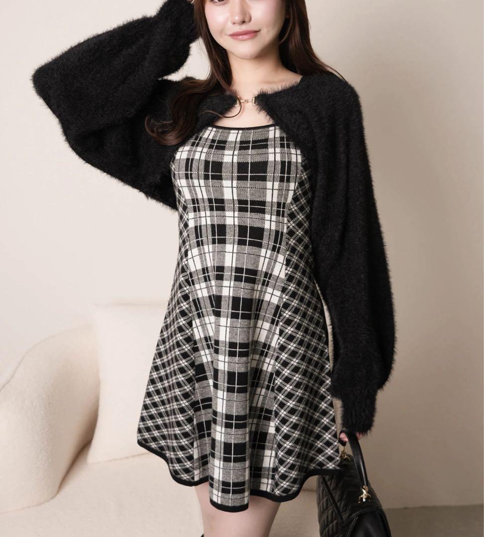 18新品リップサービス定価13090円フェザーチェックアンサンブルワンピース黒M