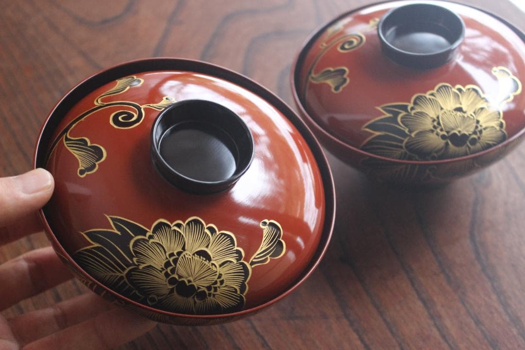 キズ有！上質朱漆に優美な牡丹沈金の映えるお椀2点（検輪島塗懐石椀蒔絵椀