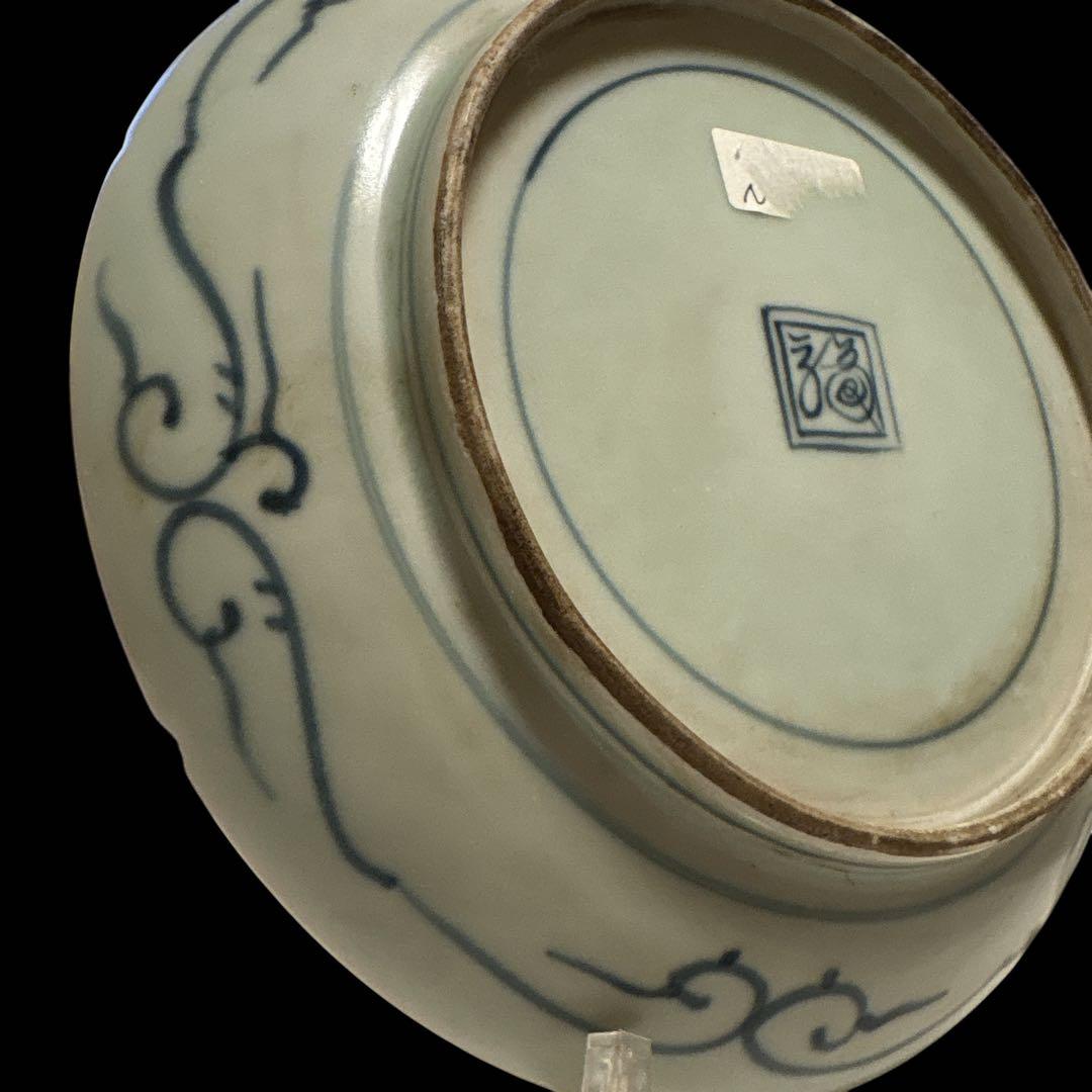 伊万里 有田 染付 印判手 輪花皿 蛸唐草 花丸繋ぎ 見返し蓮弁 見込 四君子