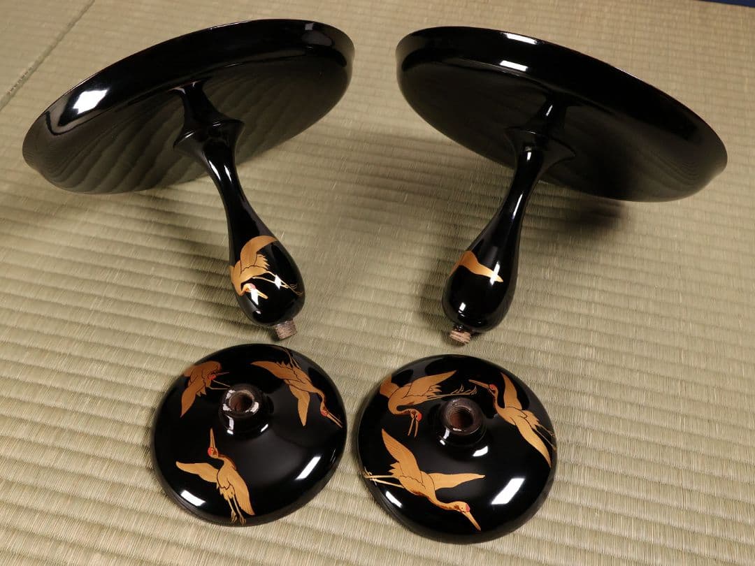 波に鶴 金銀蒔絵 高月一対 木箱 木製漆器 高坏 高槻 菓子器 【MA743】