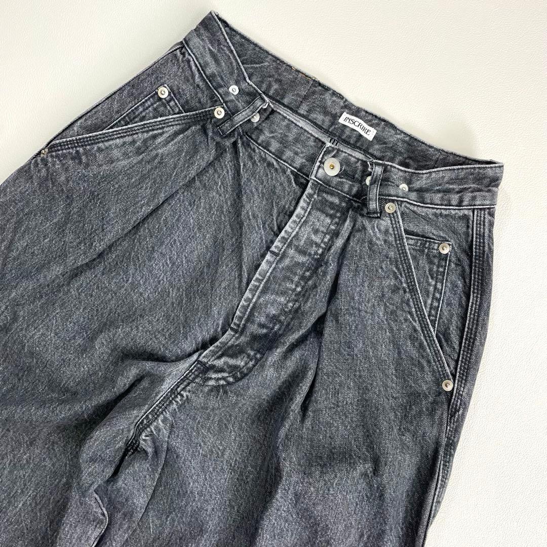 6241【美品】アンスクリア　タックワイドデニム　ブラック　ジーンズ　コットン