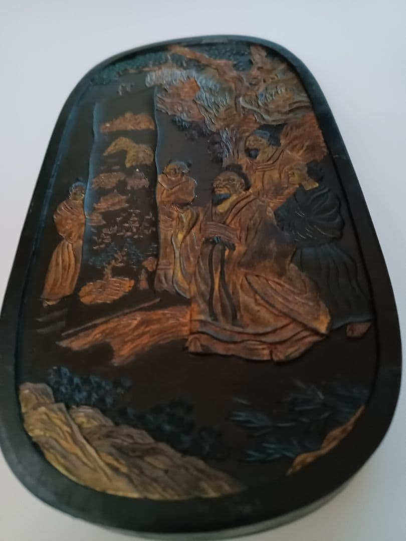 【本漆塗本蒔絵公家の図】江戸末期　総梨地硯箱➕️古硯【程君房】古黒仙入文　美術品