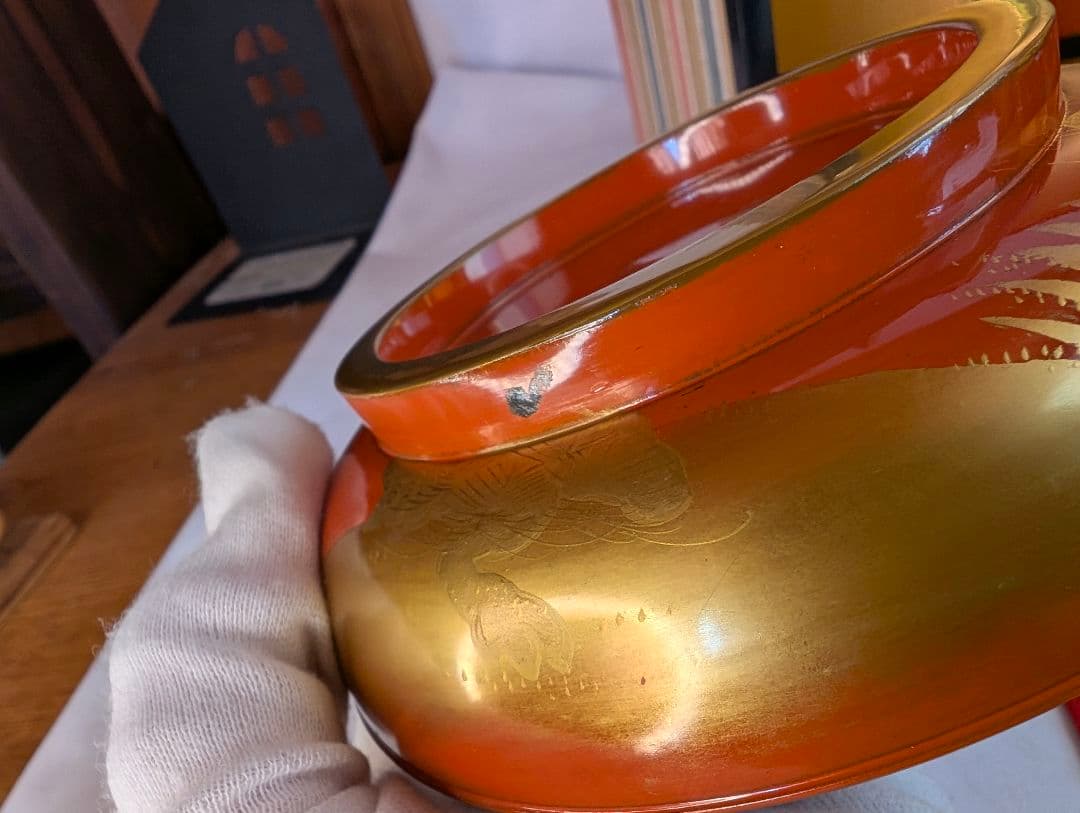 明治時代 輪島塗 金蒔絵 蓋付椀 波千鳥 木製 汁椀 雑煮椀 2客