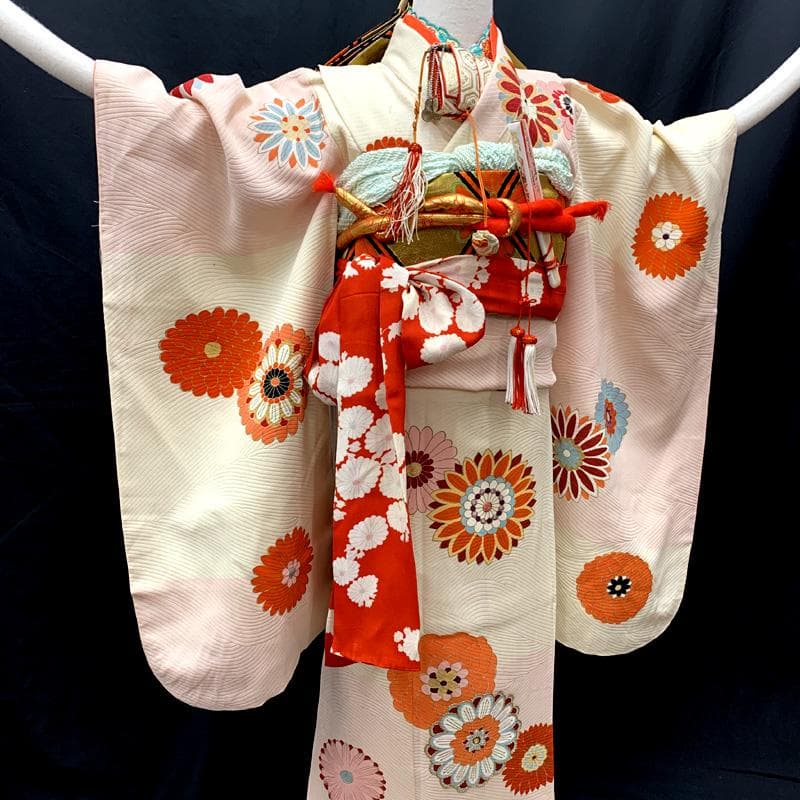 510ag20□七五三 七歳 セミアンティーク 女児 着物&袋帯 金彩 菊□良好