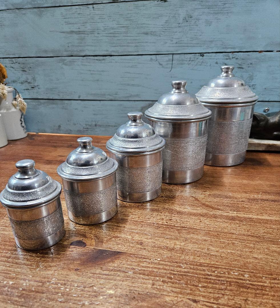 フランスアンティーク 古いアルミのキャニスター 5点セット 蓋付き ポット