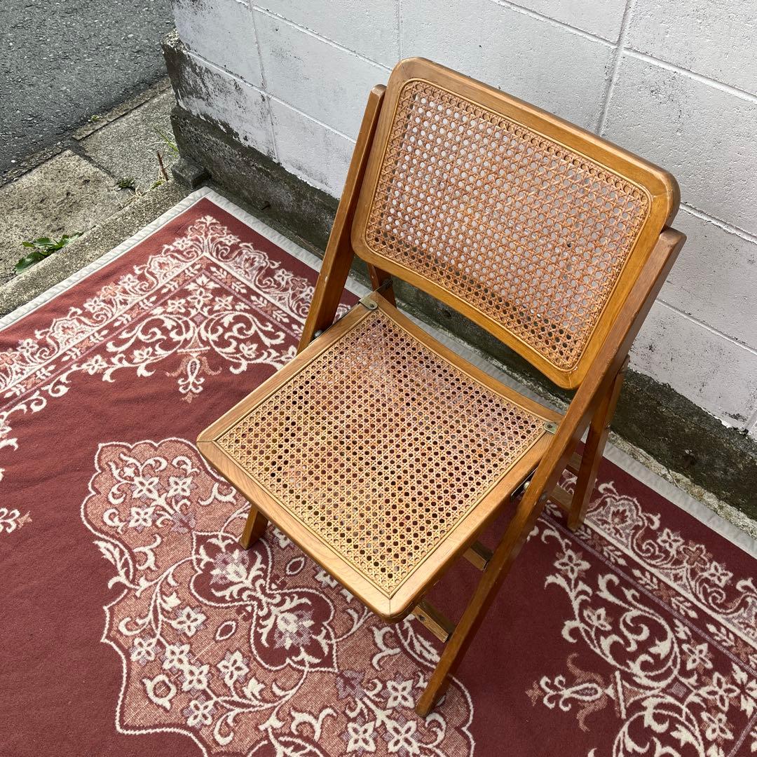 古家具ビンテージ品◾️籐ラタンパネル×木製フレーム 折りたたみ椅子 チェア A