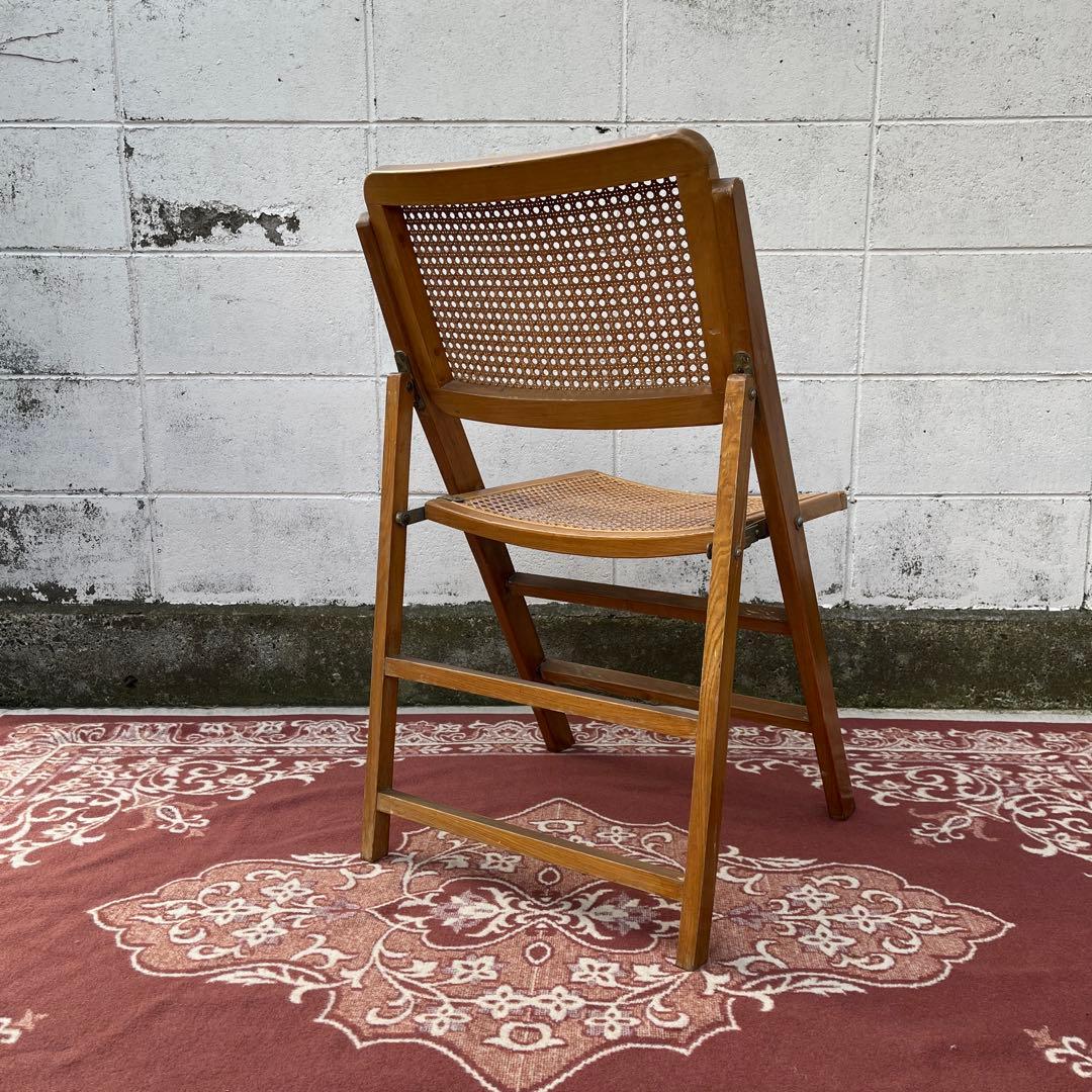 古家具ビンテージ品◾️籐ラタンパネル×木製フレーム 折りたたみ椅子 チェア A