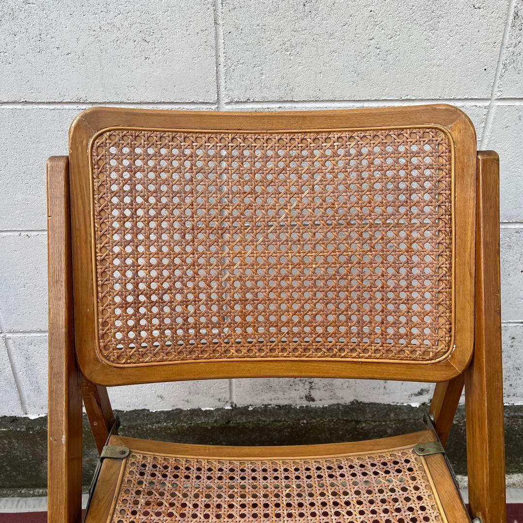 古家具ビンテージ品◾️籐ラタンパネル×木製フレーム 折りたたみ椅子 チェア A