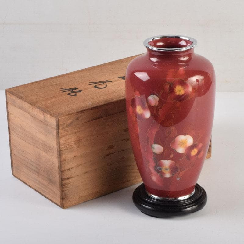 七宝焼　岡田泉作　赤透釉　梅文瓶　花瓶　唐木台付　共箱　V　9133