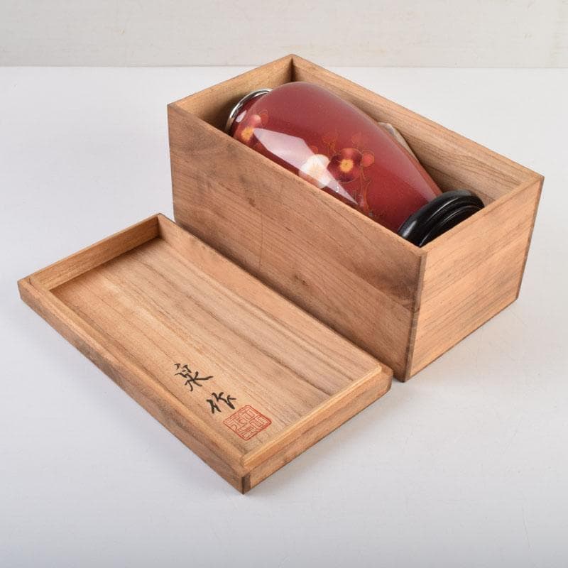 七宝焼　岡田泉作　赤透釉　梅文瓶　花瓶　唐木台付　共箱　V　9133