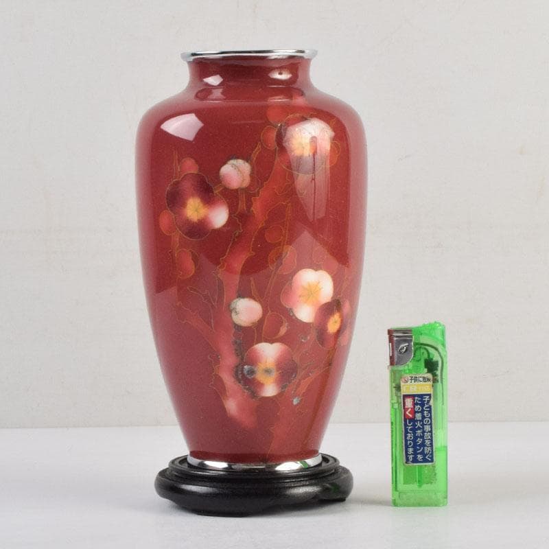 七宝焼　岡田泉作　赤透釉　梅文瓶　花瓶　唐木台付　共箱　V　9133