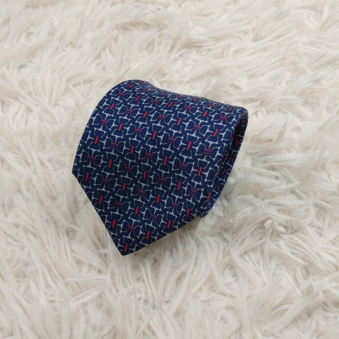 エルメス 高級シルクネクタイ 総柄 ネイビー
