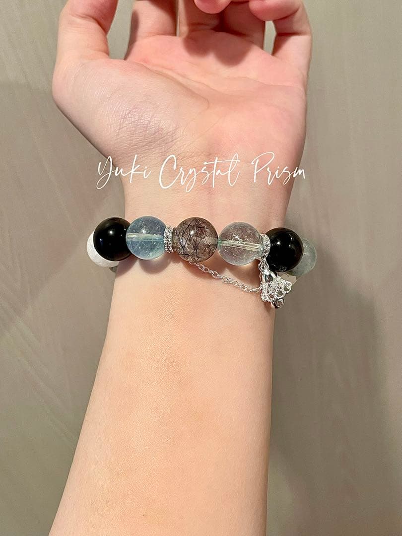 アクアマリン×ブラックルチルクォーツ×シルバーオブシディアン　天然石ブレスレット