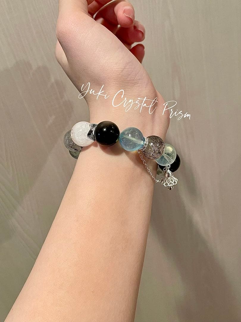 アクアマリン×ブラックルチルクォーツ×シルバーオブシディアン　天然石ブレスレット