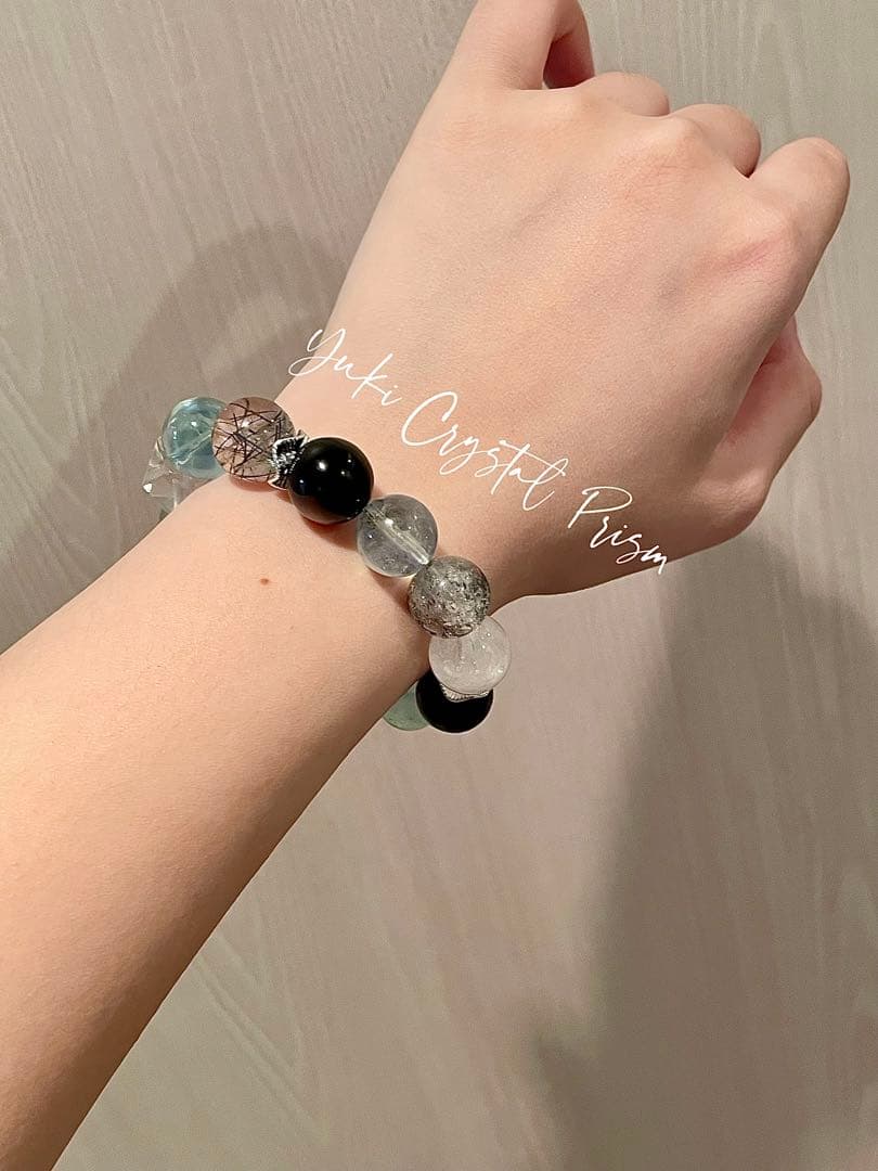 アクアマリン×ブラックルチルクォーツ×シルバーオブシディアン　天然石ブレスレット