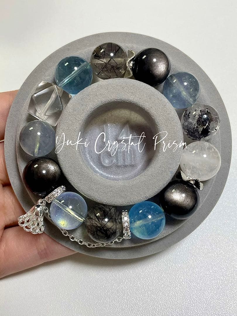 アクアマリン×ブラックルチルクォーツ×シルバーオブシディアン　天然石ブレスレット