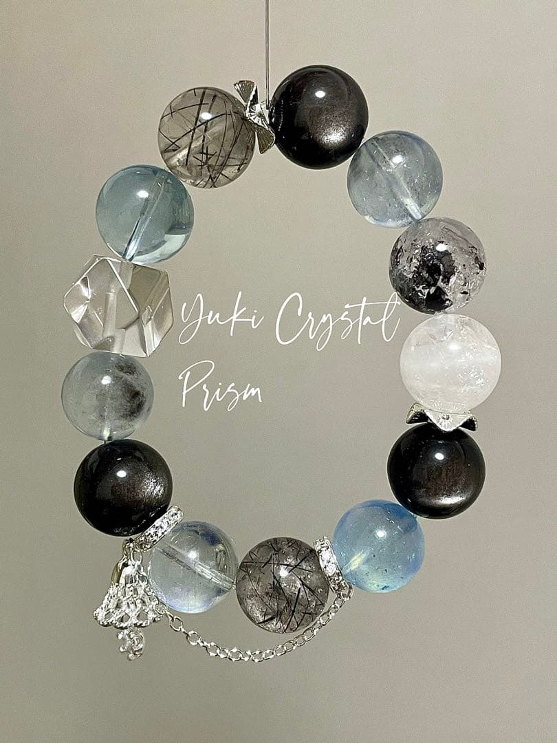 アクアマリン×ブラックルチルクォーツ×シルバーオブシディアン　天然石ブレスレット