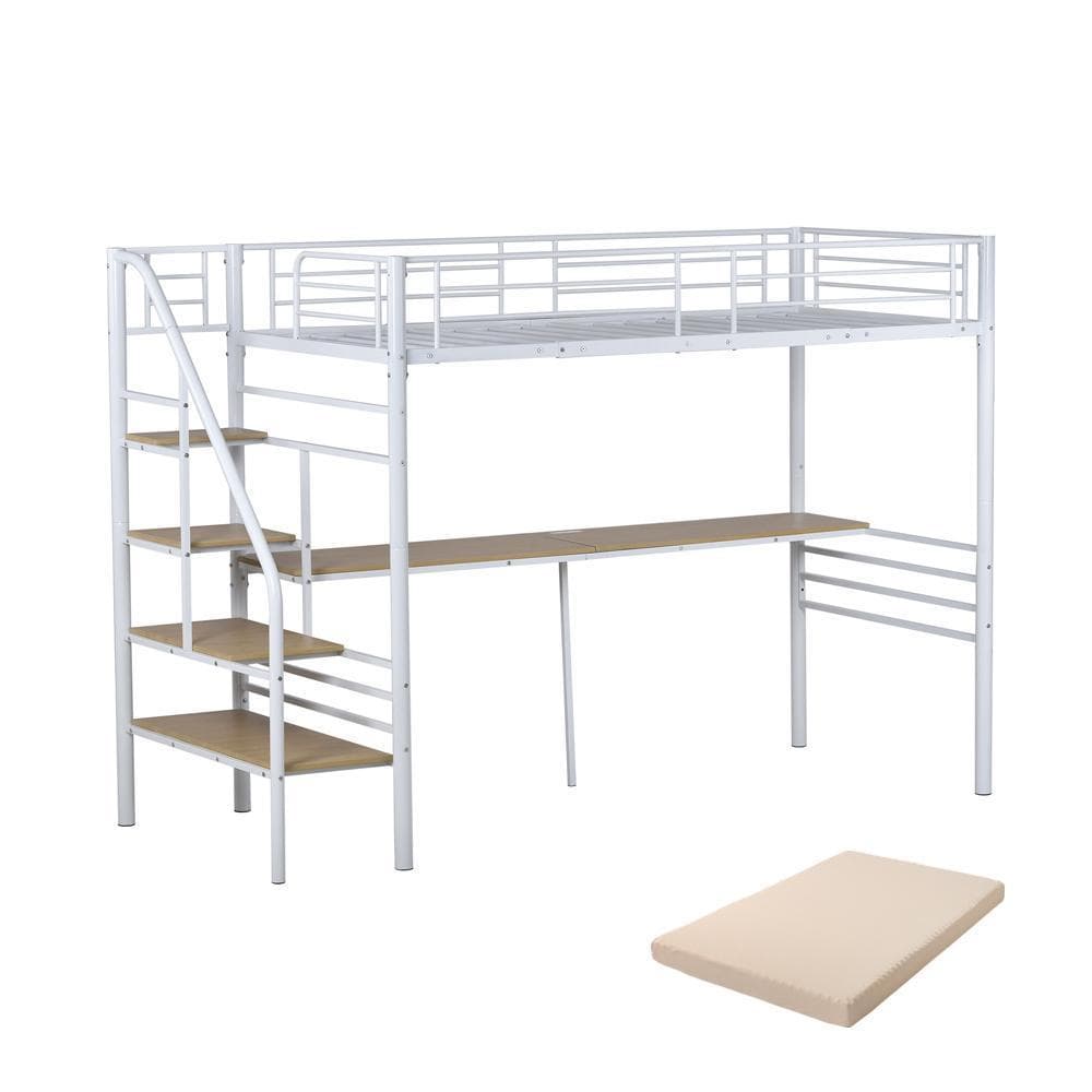 【マットレス付き】ロフトベッド 階段付き パイプベッド シングル コンセント付き