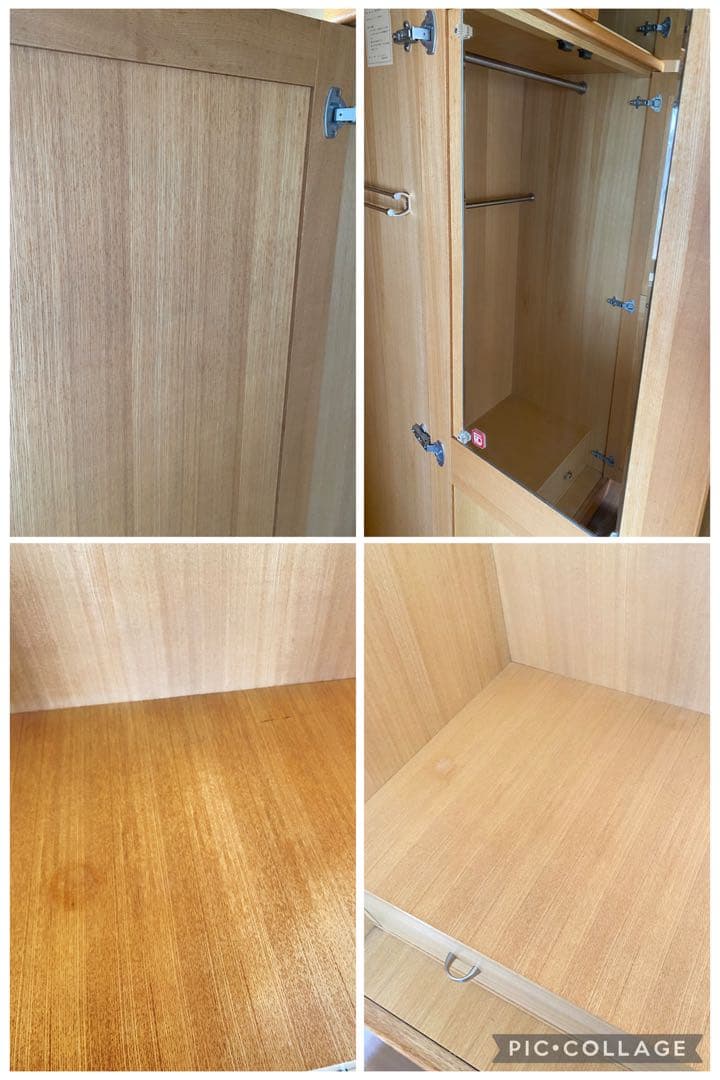 ミラー付き木製ワードローブ収納 クローゼット 洋服箪笥 ハンガーラック 洋服収納