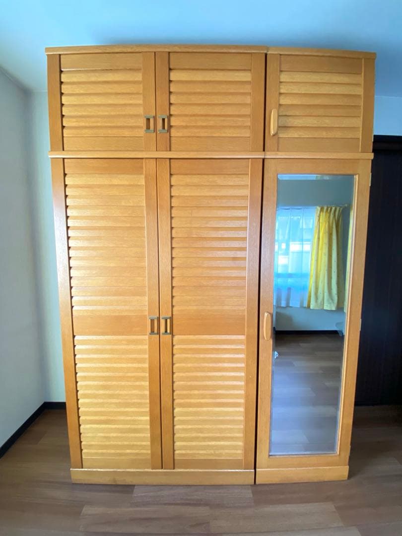 ミラー付き木製ワードローブ収納 クローゼット 洋服箪笥 ハンガーラック 洋服収納