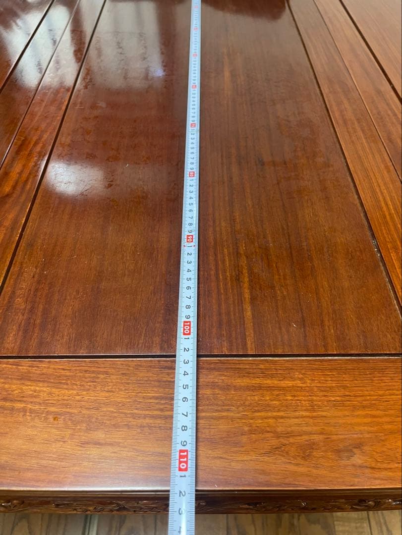 中国美術 ダイニング7点セット 花梨材 無垢 彫刻 アンティーク調 伸長式