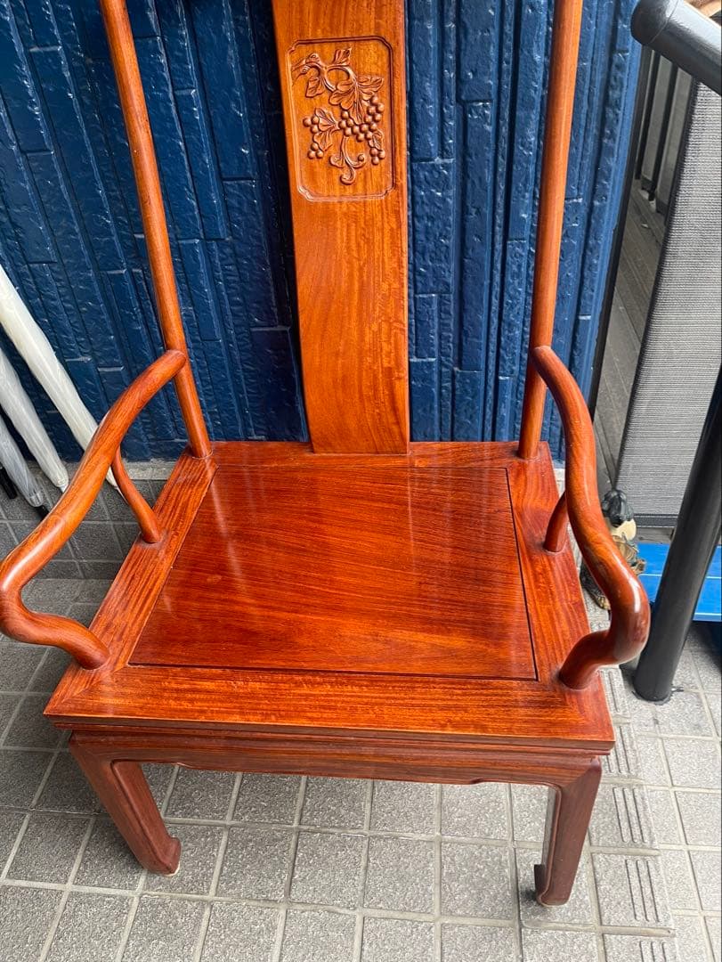 中国美術 ダイニング7点セット 花梨材 無垢 彫刻 アンティーク調 伸長式