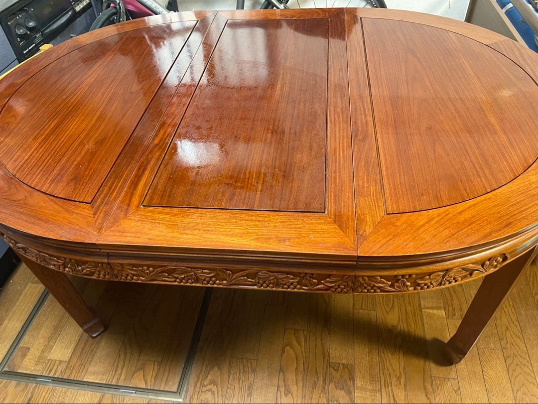 中国美術 ダイニング7点セット 花梨材 無垢 彫刻 アンティーク調 伸長式