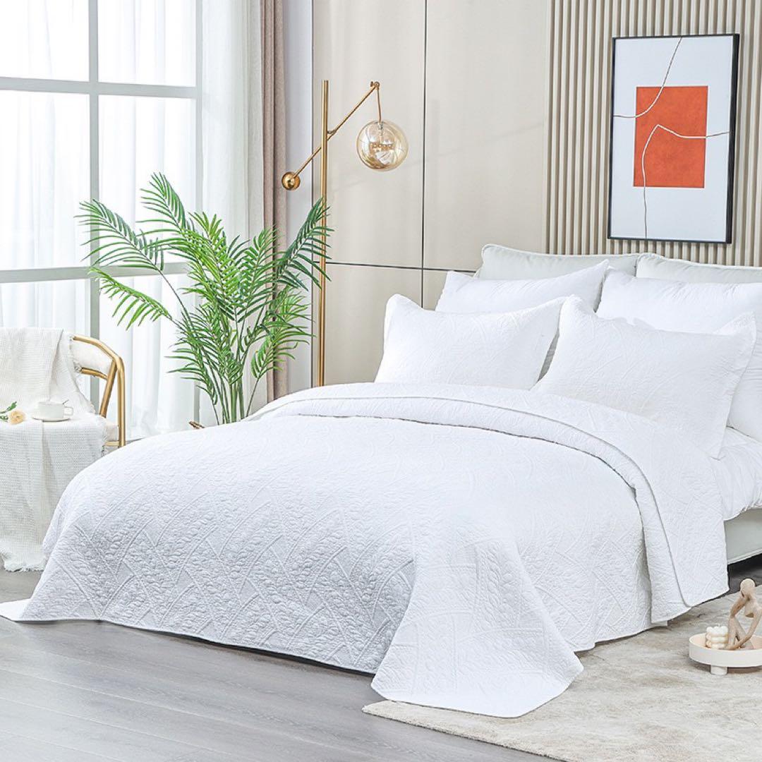 キルトベッドカバー3点セット綿マルチカバー キルティング 164白