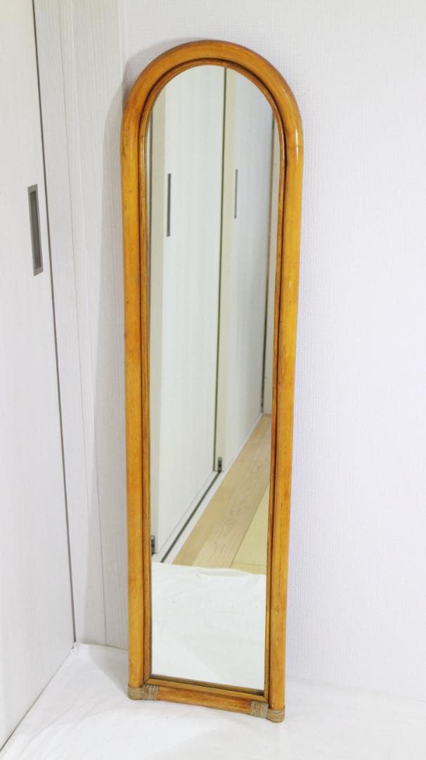 籐ラタン 大型ミラー 鏡 壁掛け アーチ型 全身 姿見 アンティーク