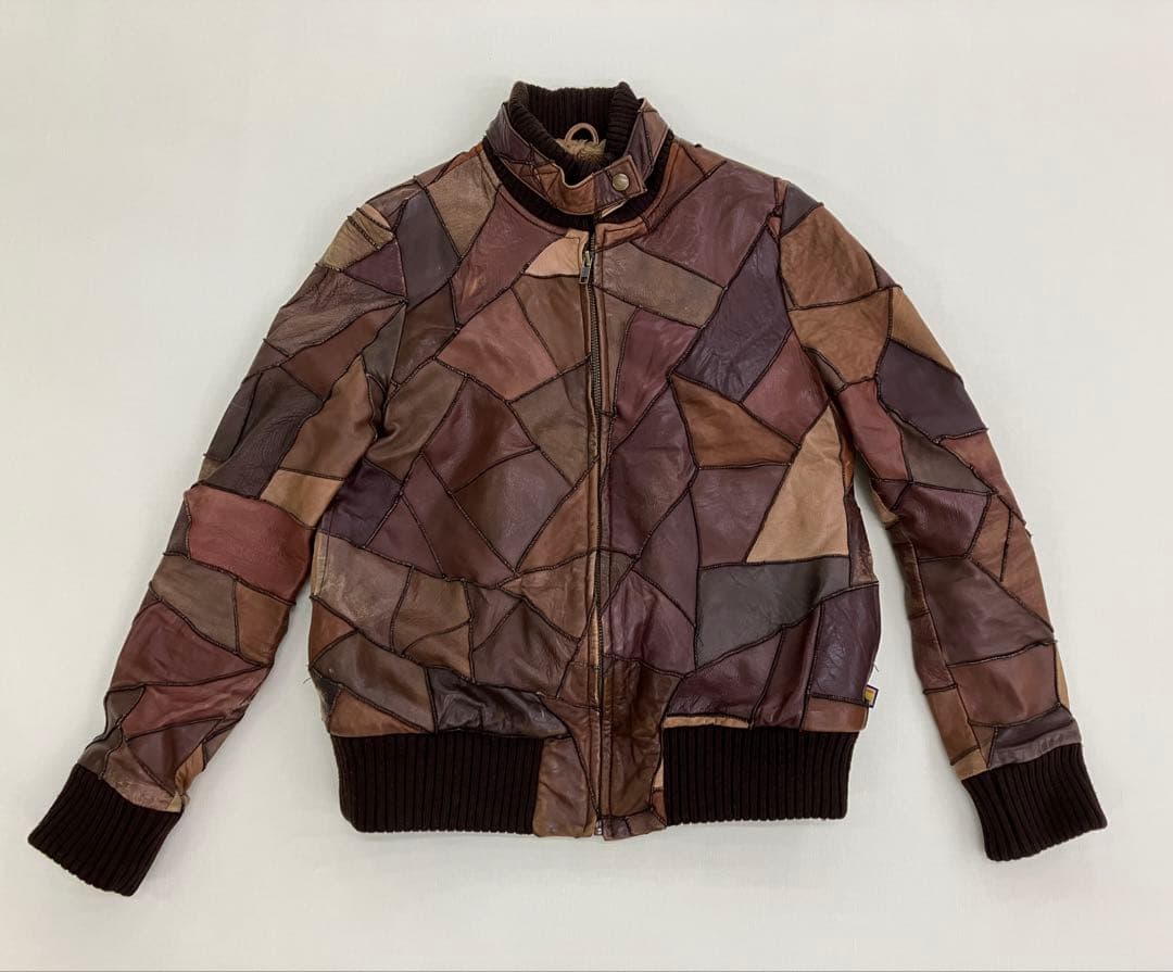 Y2K パッチワーク レザー ジャケット ブラウン 古着 裏地ファー
